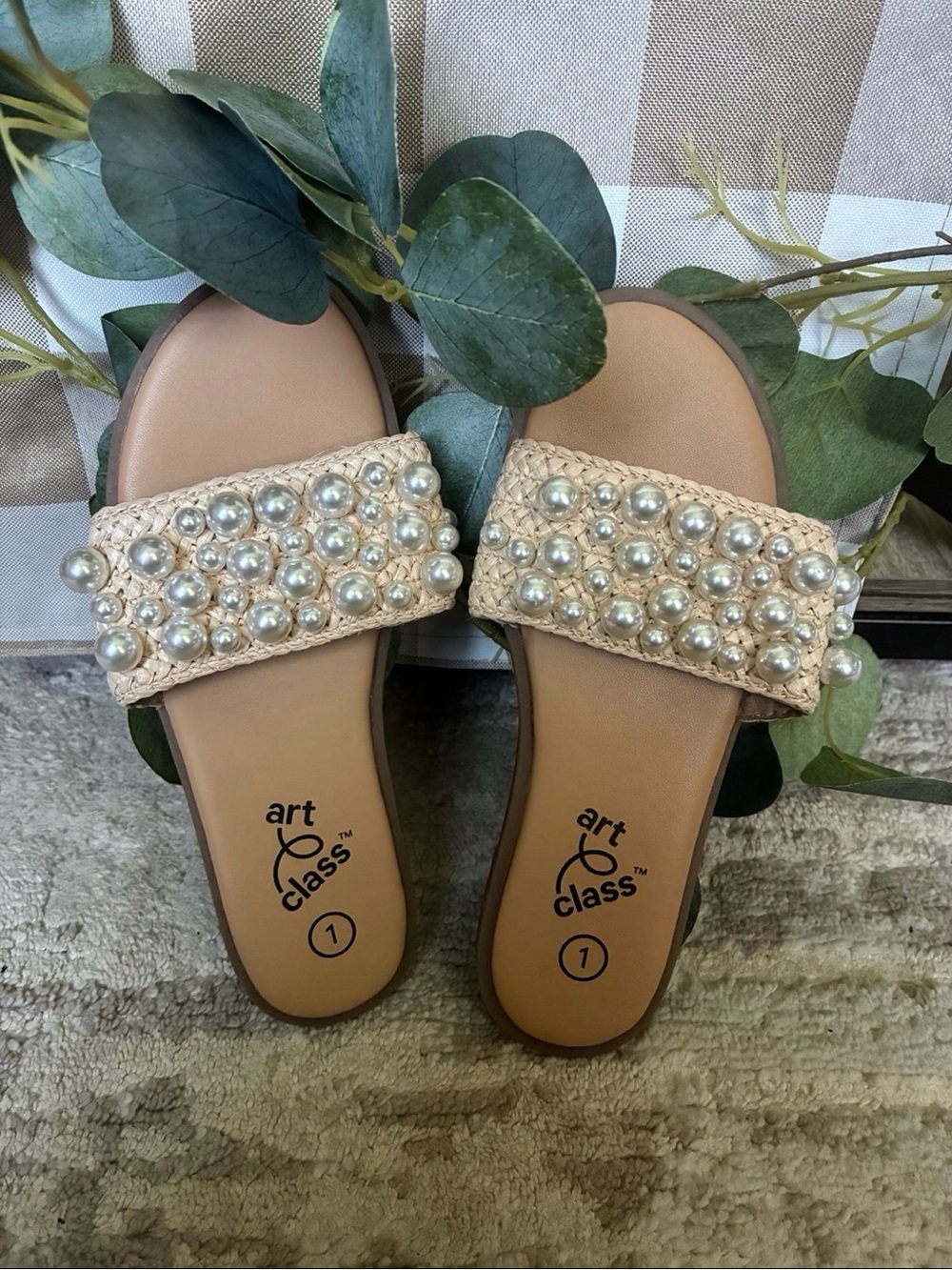Art Class Girls Pearl-Embellished Beige Slide Sandals